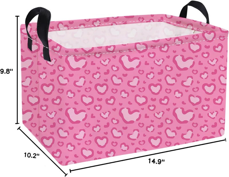 ESSME Rectangular Valentine's Day Basket,Pink Heart Storage Bins Organizer with Handles for Girls Room Decor, Gift Basket,Shelf Basket.(Leopard print heart) - Image 2